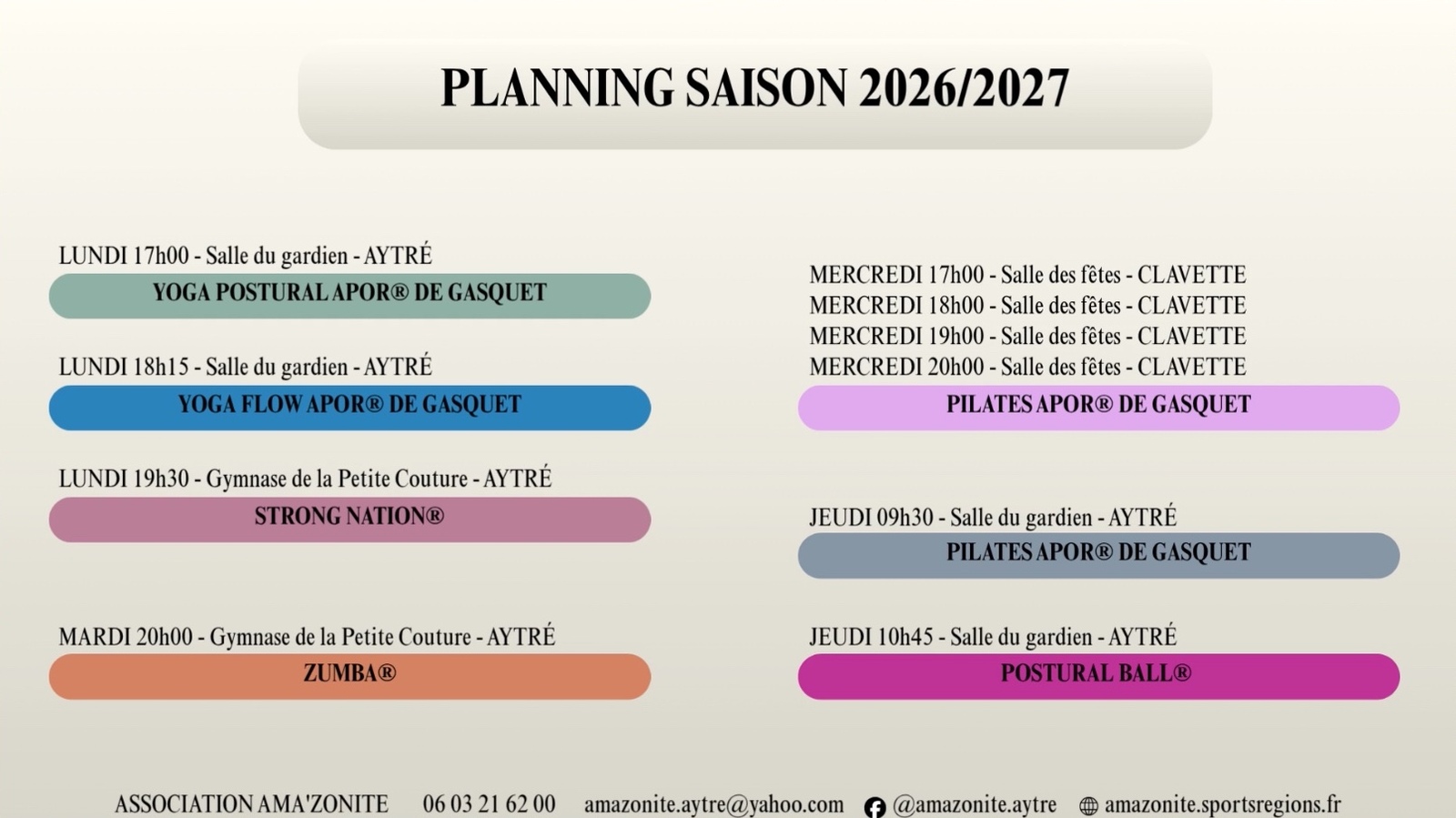 Planning de la saison 2026/2027